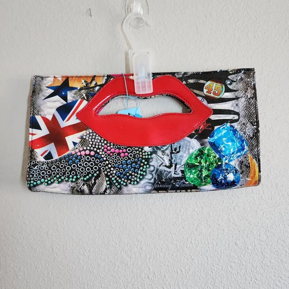 Y2K Pop Art Graffiti Collage Novelty Red Lip Clutch.